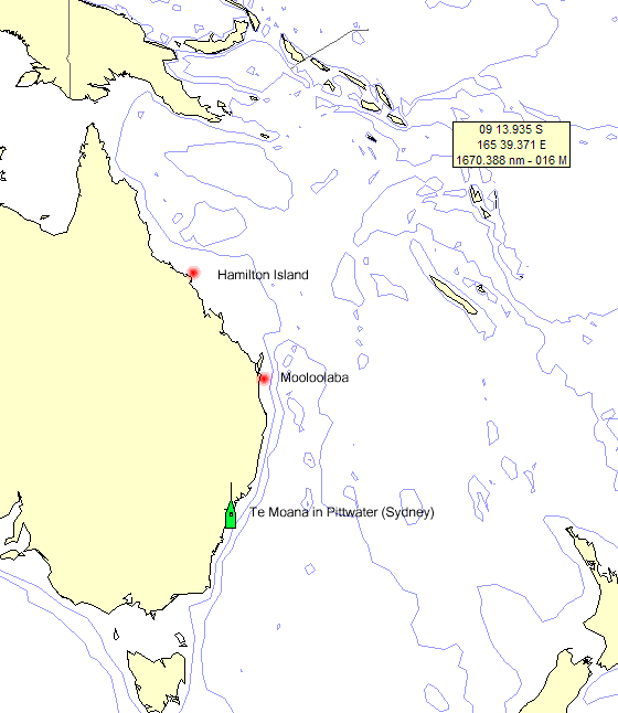 East Coast of Australia showing TeMoana in Pittwater (Sydney) as well as Mooloolaba and Hamilton Island